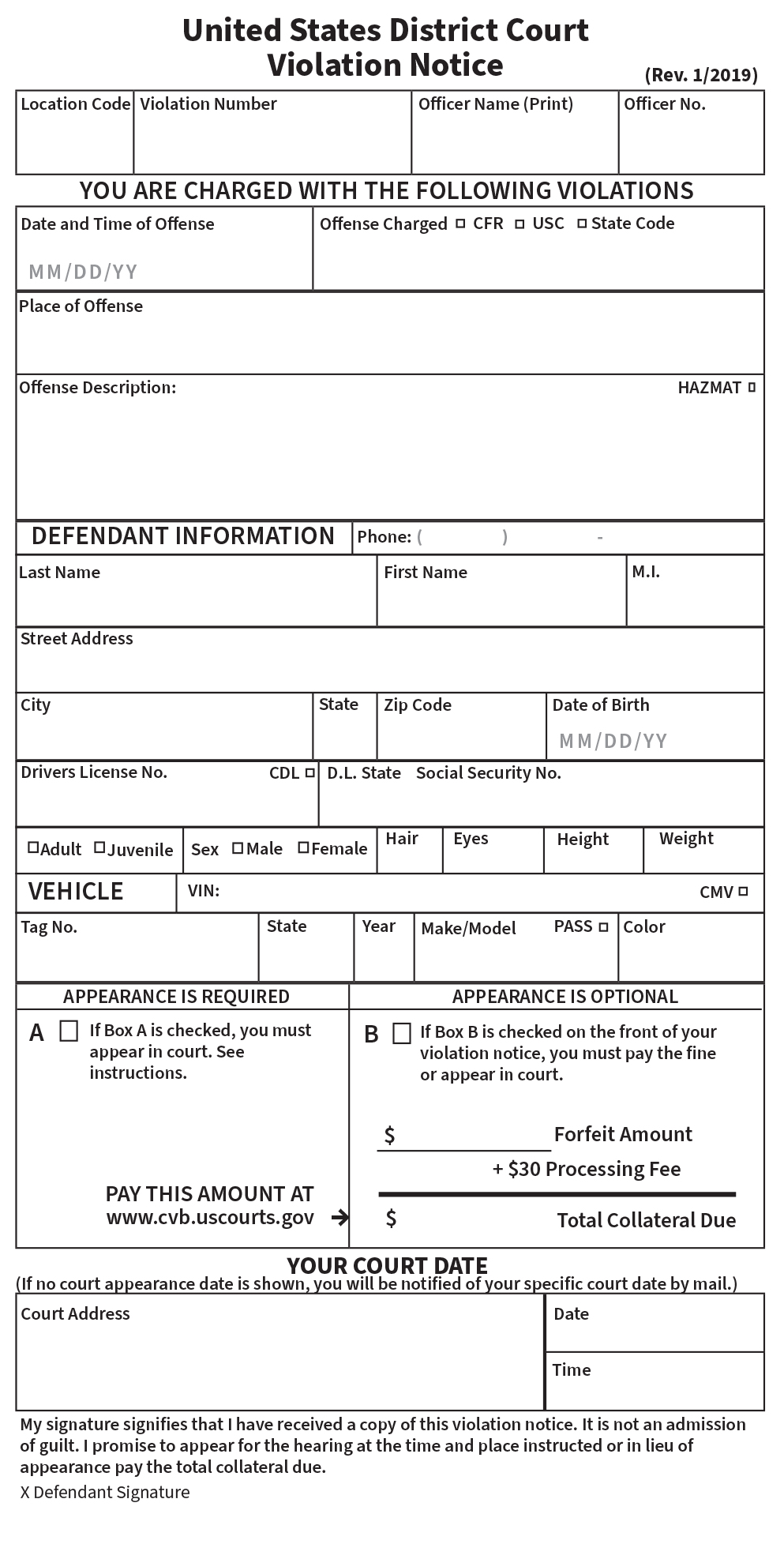Sample image of the front of a CVB Violation Notice